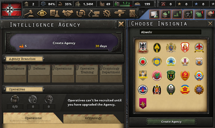 The Intelligence Agency Screen in Hearts of Iron IV.