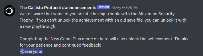 the callisto protocol developers announcement on maximum security achievement and trophy